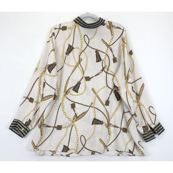Roz & Ali Blouse Chain Print Button Front Women 2X Beige Gold Equestriancore - Picture 2 of 12